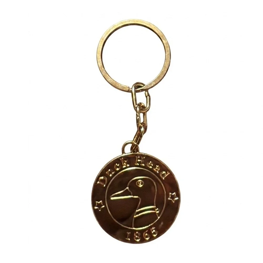 Duck Head 1865 Gold Tone Medallion Keychain Mallard Logo Vtg Key Fob Retro